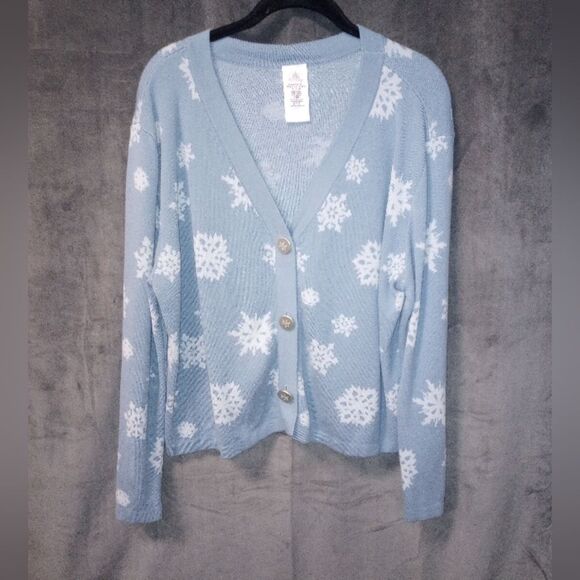Disney Frozen Blue Snowflake Cardigan Sweater Size Large EUC P2P 23 Length 20.5 - Picture 4 of 9